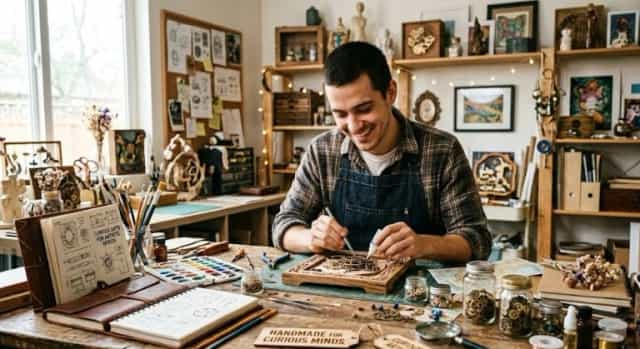 Young_man_is_crafting_designing_unique_gifts_are_made_for_curious_minds_and_artistic_spirits._1 Young man is crafting, designing unique gifts are made for curious minds and artistic spirits.